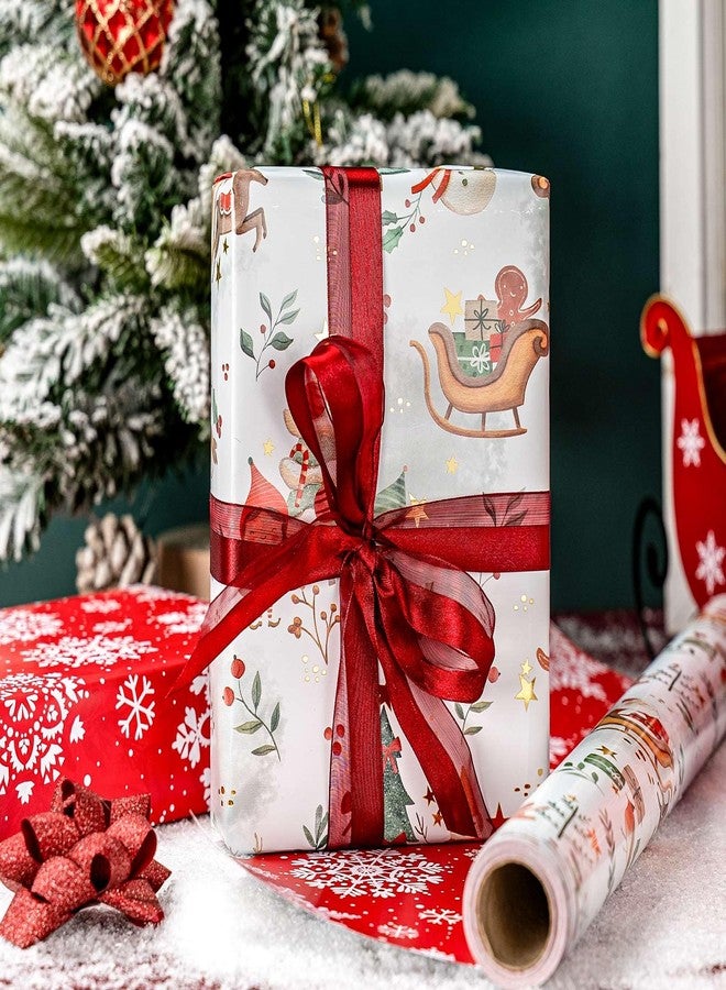 MAYPLUSS Christmas Wrapping Paper Roll - 17IN X 33FT - Santa Claus Gift Wrapping Paper Featuring Sleigh Christmas Tree Gnome Reindeer Holly Gingerbread Reversible Snowflake for Kids, Holiday, New Year - Image 3